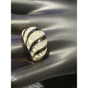 Black Enamel Clear Rhinestone Swirl Design Statement Ring Gold Tone Sz 9 EDCO